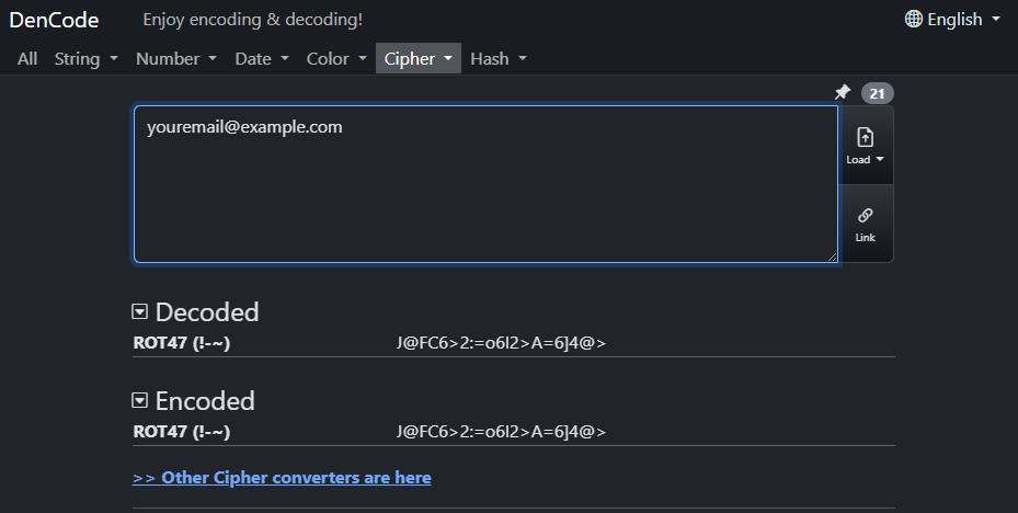 Screenshot of the Dencode website's ROT47 cipher tool, showing the input and encoded email output.