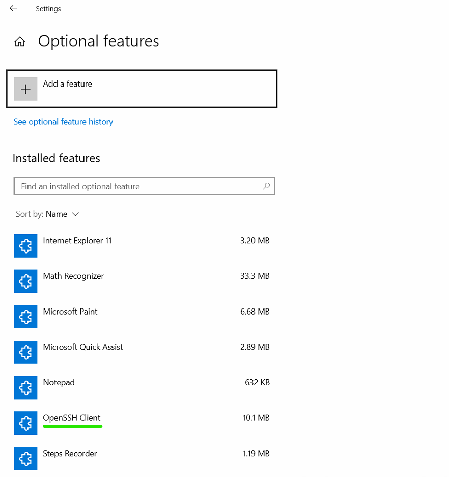 Open SSH client under optional features